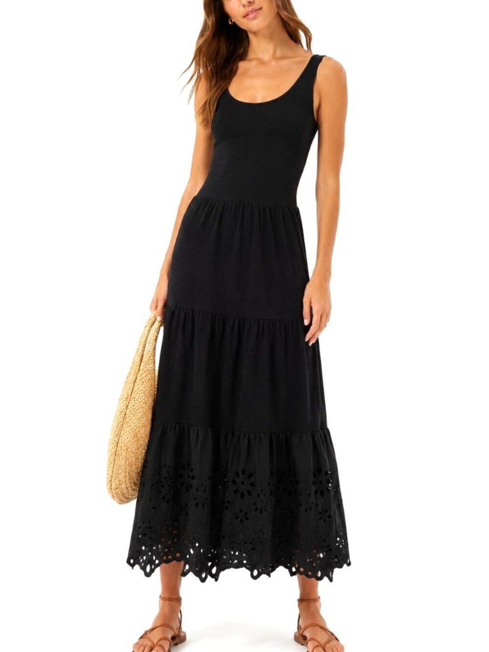 J.Crew Tiered Knit Maxi Dress Eyelet Hem Criss Cross Back Black Fit & Flare